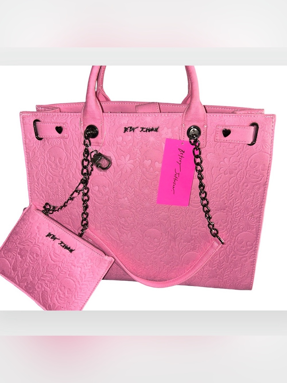 BETSEY JOHNSON XL PINK SUGAR SKULL & FLOWERS DOUBLE HANDLE/CHAIN STRAPS NWT - Picture 3 of 12